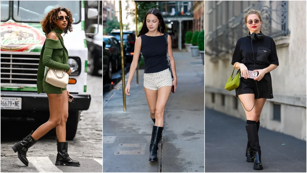Look été 2025 avec mini-short en jean et bottes motardes noires, tendance urbaine et audacieuse