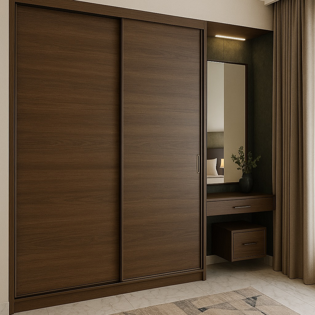 Dressing dans petite chambre en noyer foncé avec coiffeuse