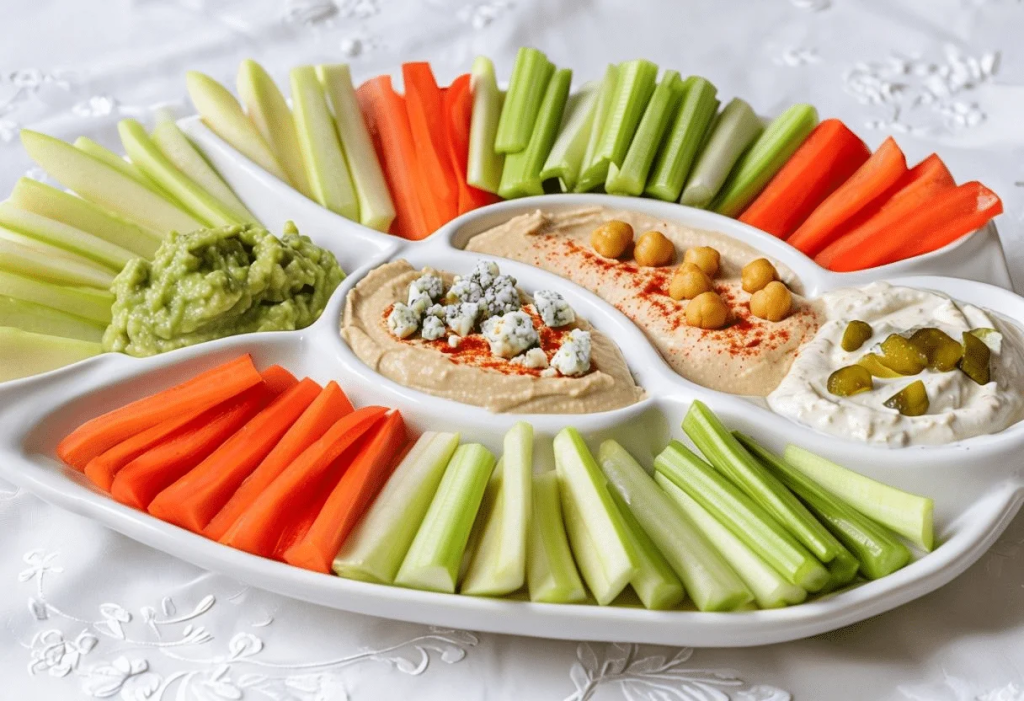 crudités sans cuisson apéritif froid carottes poivrons houmous tzatziki dip coloré