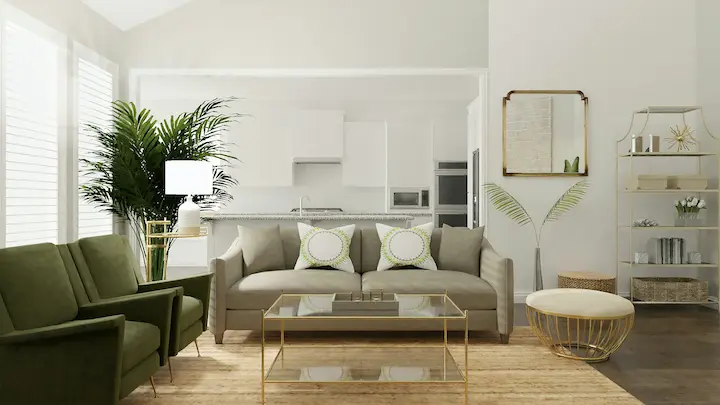 Le minimalisme transitionnel avec accents laiton et vert olive