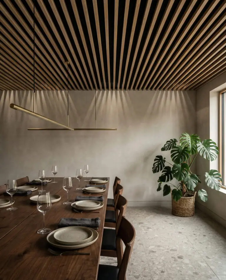 Plafond salon en lattes de bois