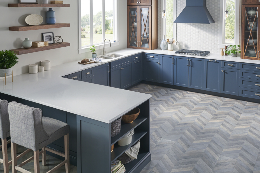 cuisine en U ouverte plan de travail quartz mobilier contemporain