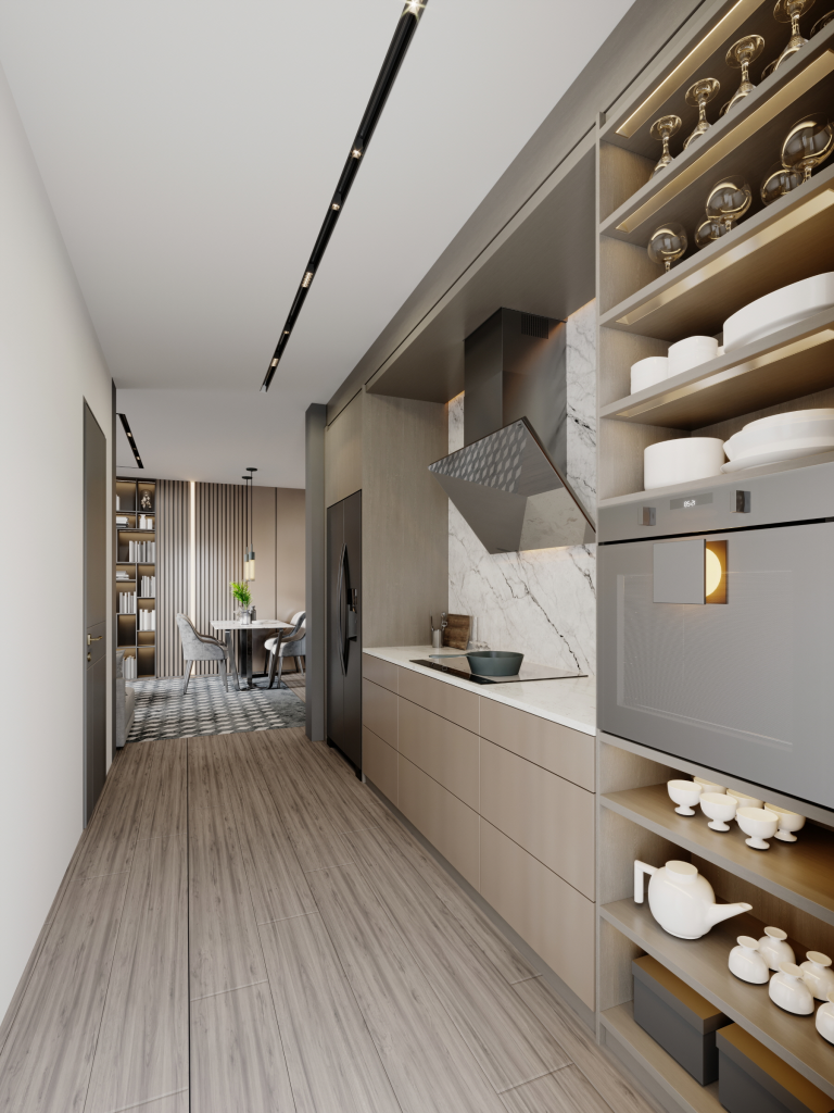 étagères ouvertes en bois clair dans une petite cuisine moderne